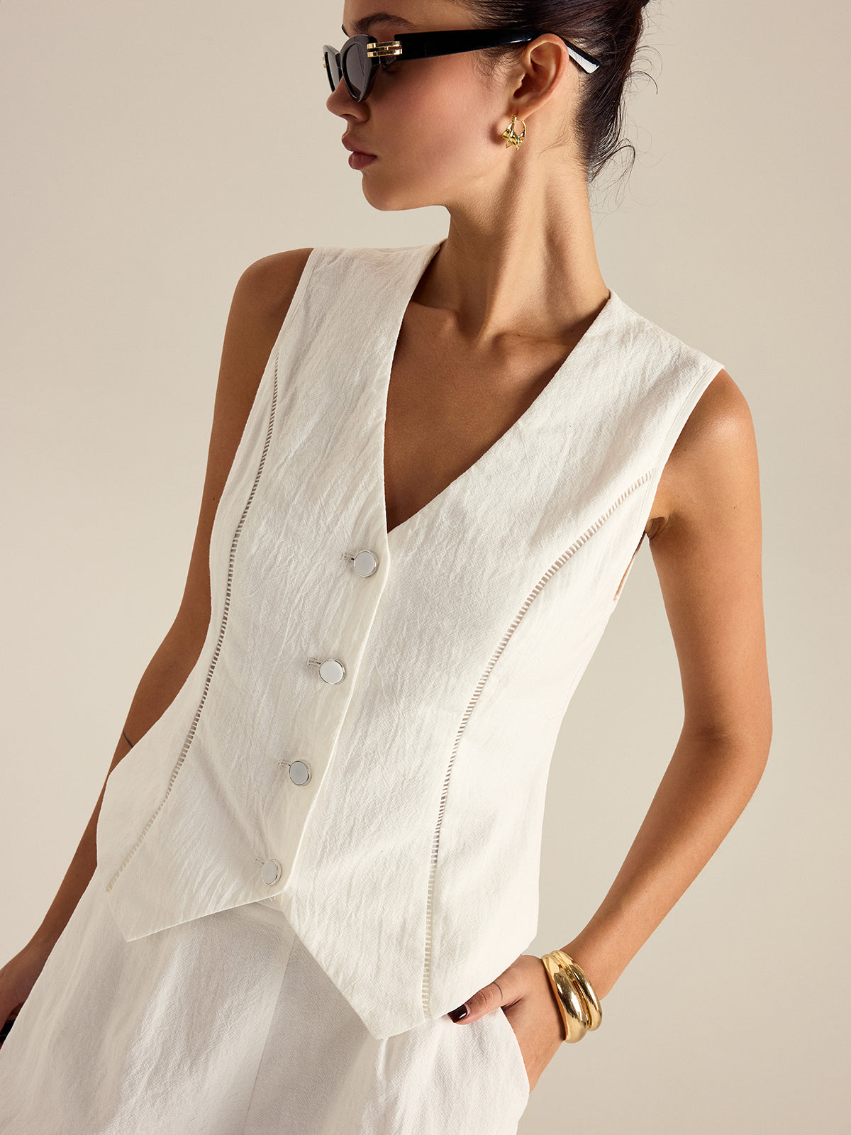 Cotton Button Detail Vest Top with Pockets Shorts Set for Women Comfort Breathable