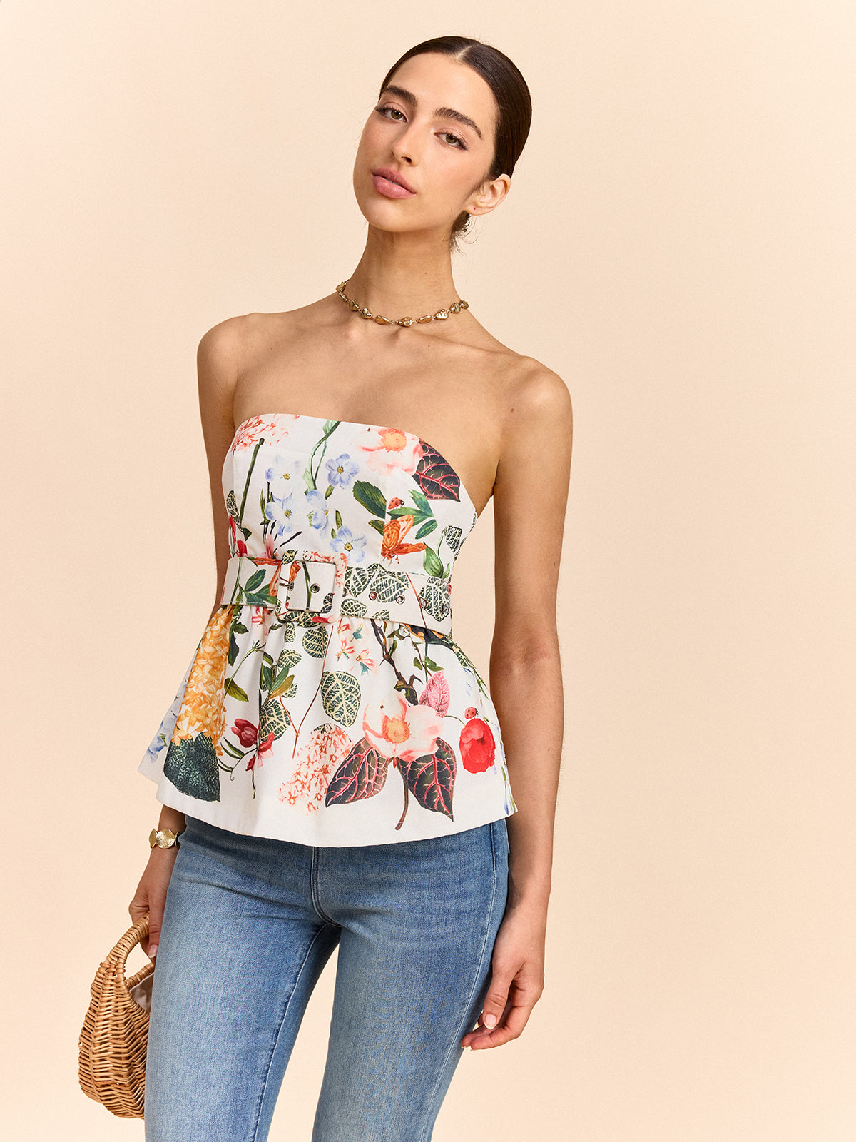 Floral Print Strapless Peplum Top with Belt, Summer Casual Wear