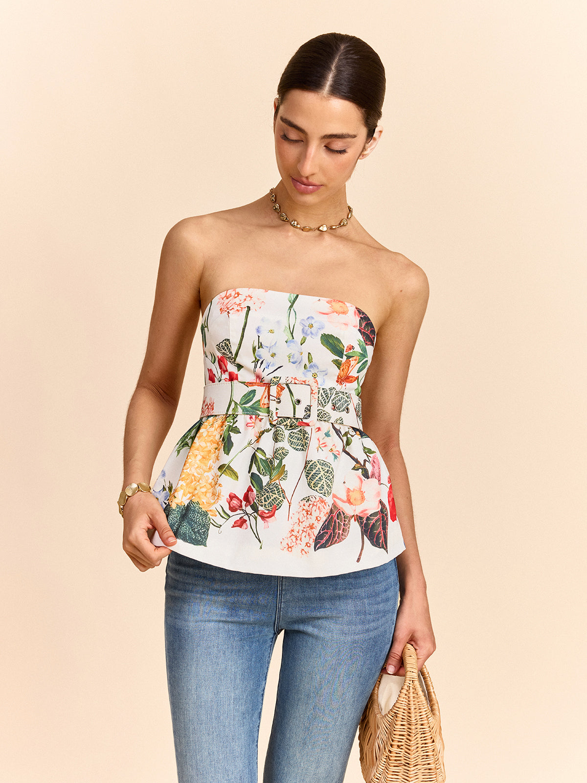 Floral Print Strapless Peplum Top with Belt, Summer Casual Wear