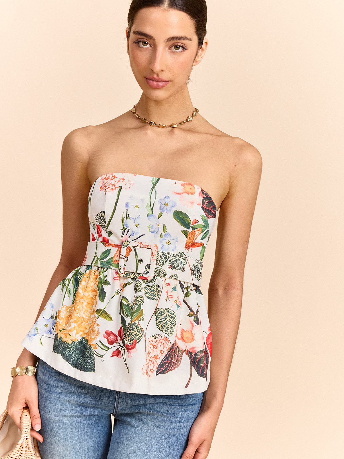 Floral Print Strapless Peplum Top with Belt, Summer Casual Wear