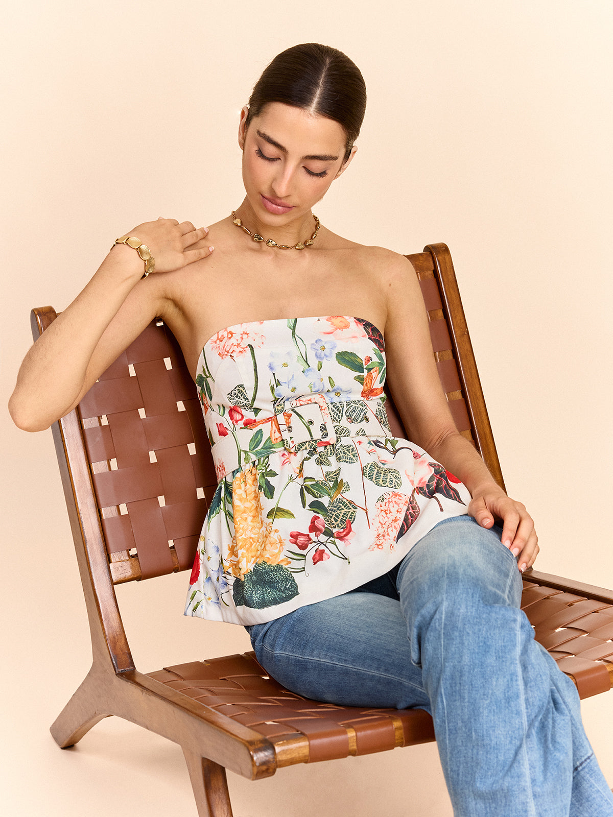 Floral Print Strapless Peplum Top with Belt, Summer Casual Wear