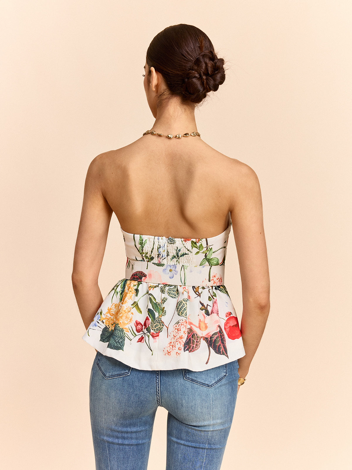 Floral Print Strapless Peplum Top with Belt, Summer Casual Wear