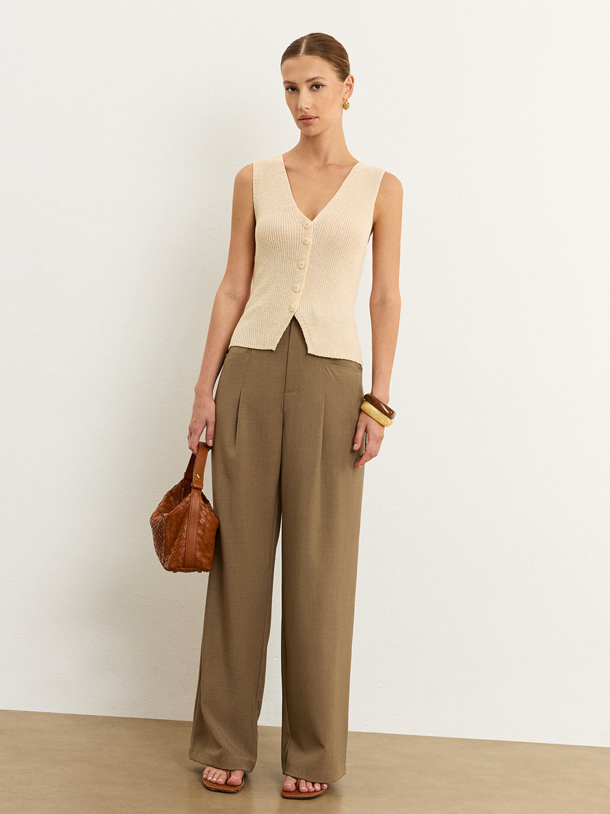 Knit Button-Front Vest Lightweight Sleeveless Cardigan