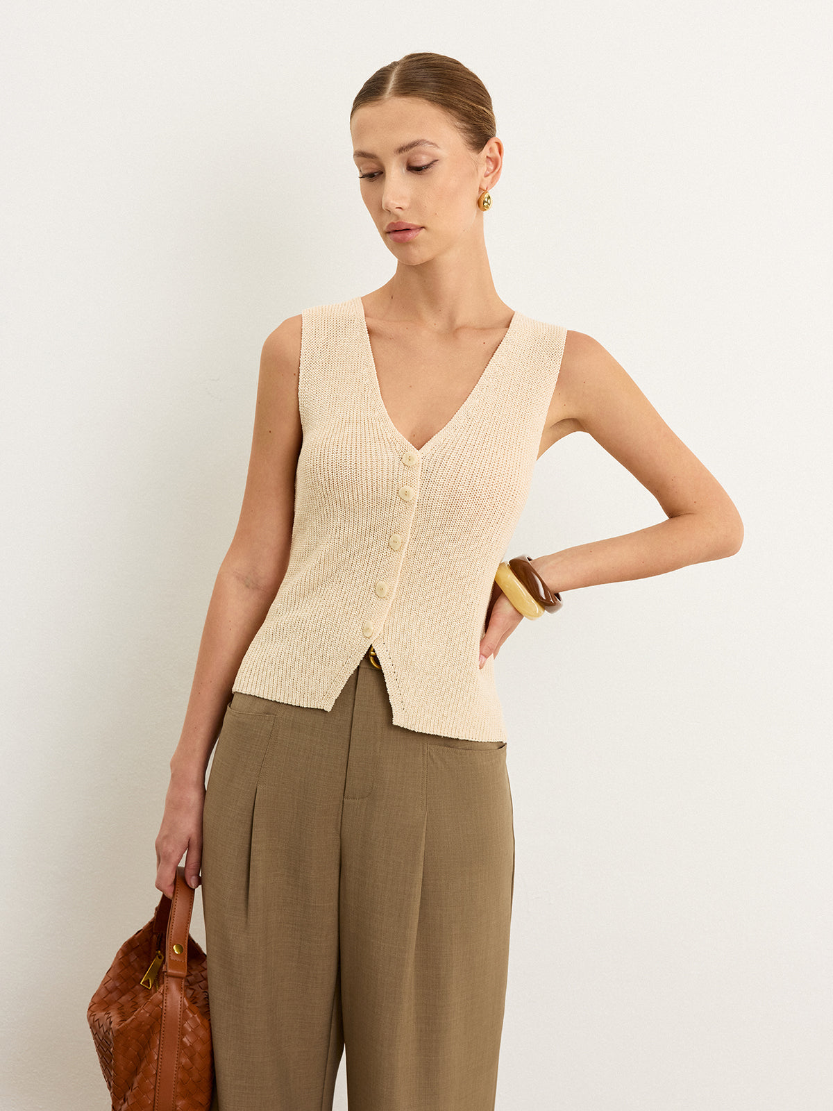 Knit Button-Front Vest Lightweight Sleeveless Cardigan