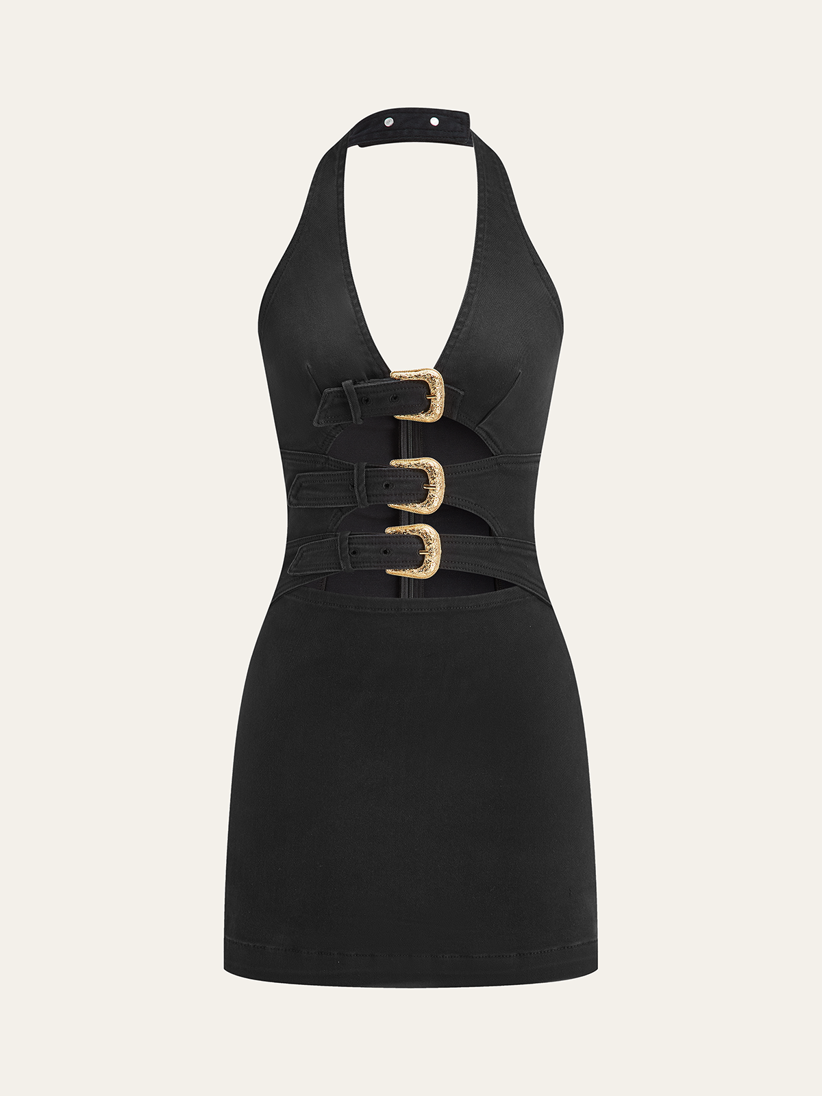 Halter Neck Buckle Detail Denim Dress with Adjustable Strap