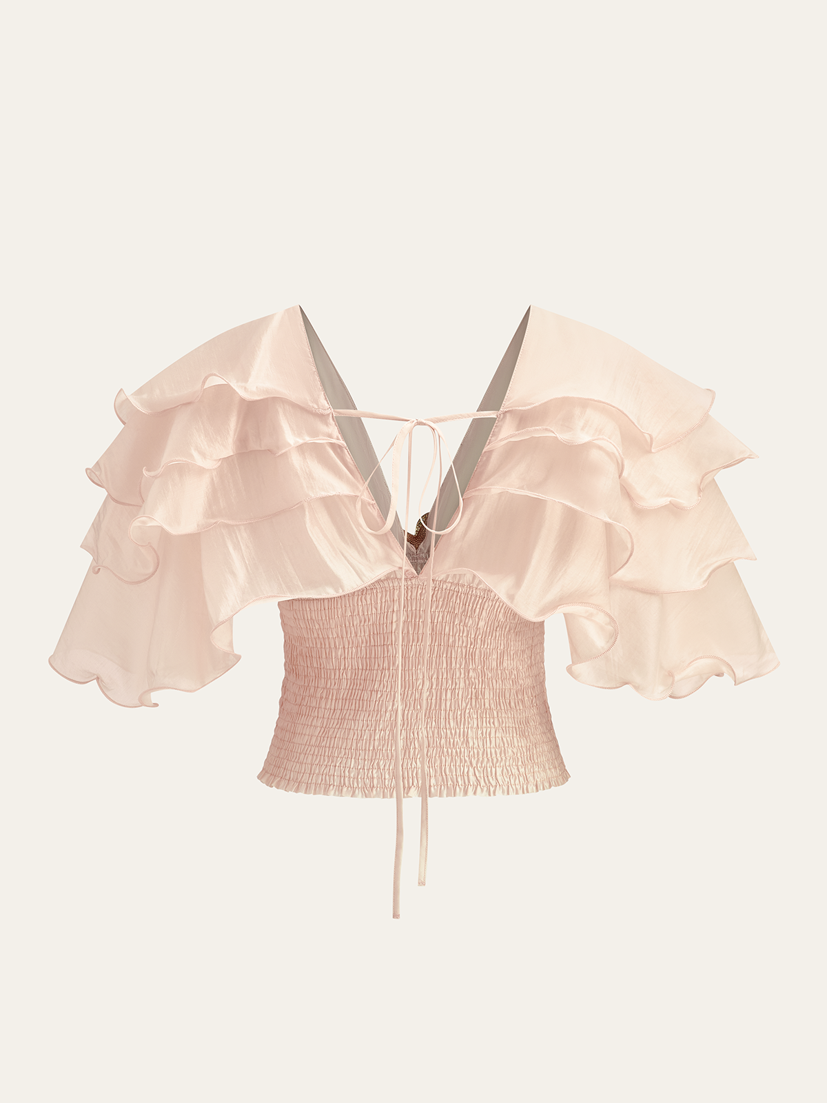Semi-Sheer Ruffled Metal Decor Waist-Cinching Top with Bell Sleeves