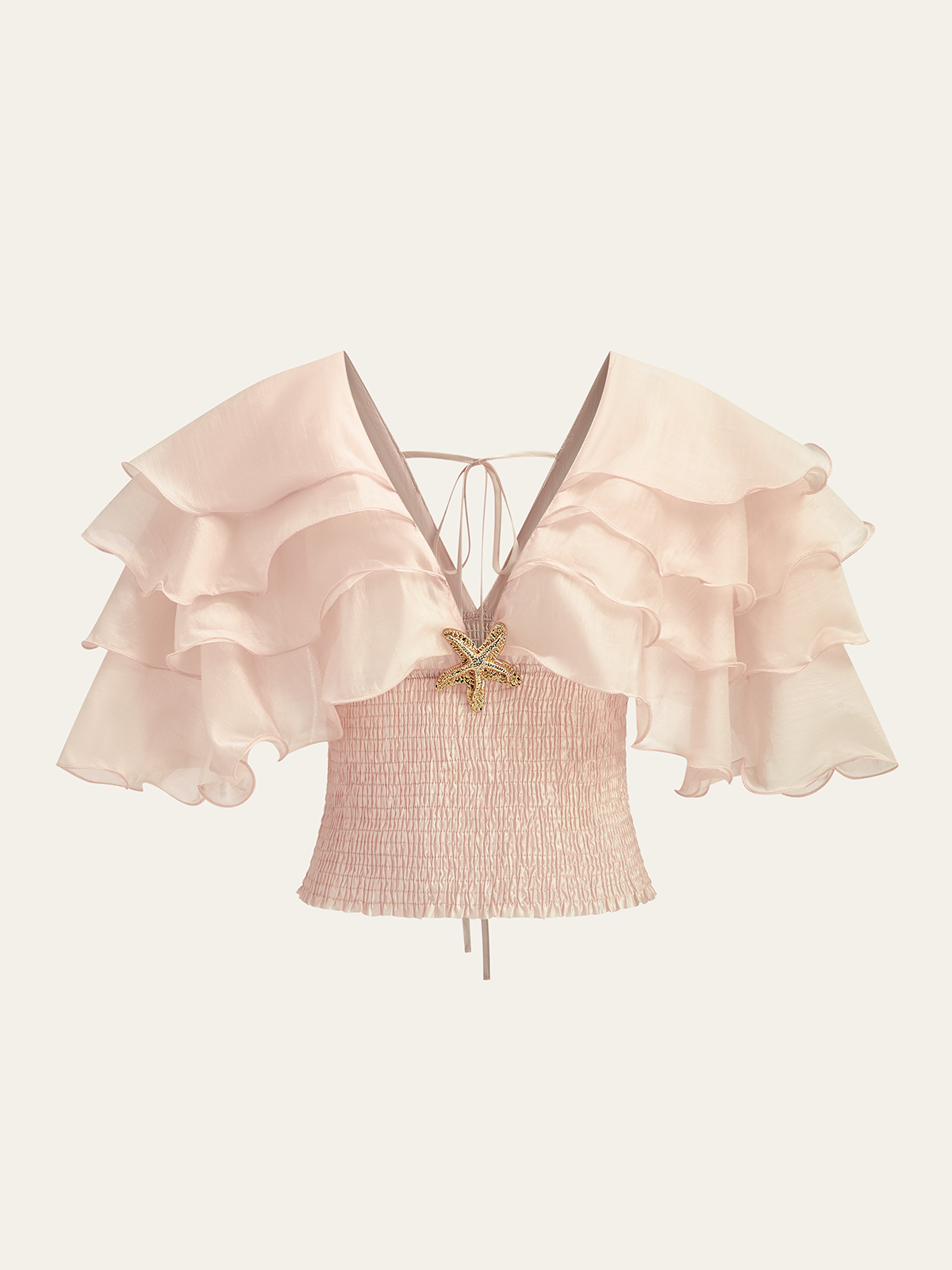 Semi-Sheer Ruffled Metal Decor Waist-Cinching Top with Bell Sleeves