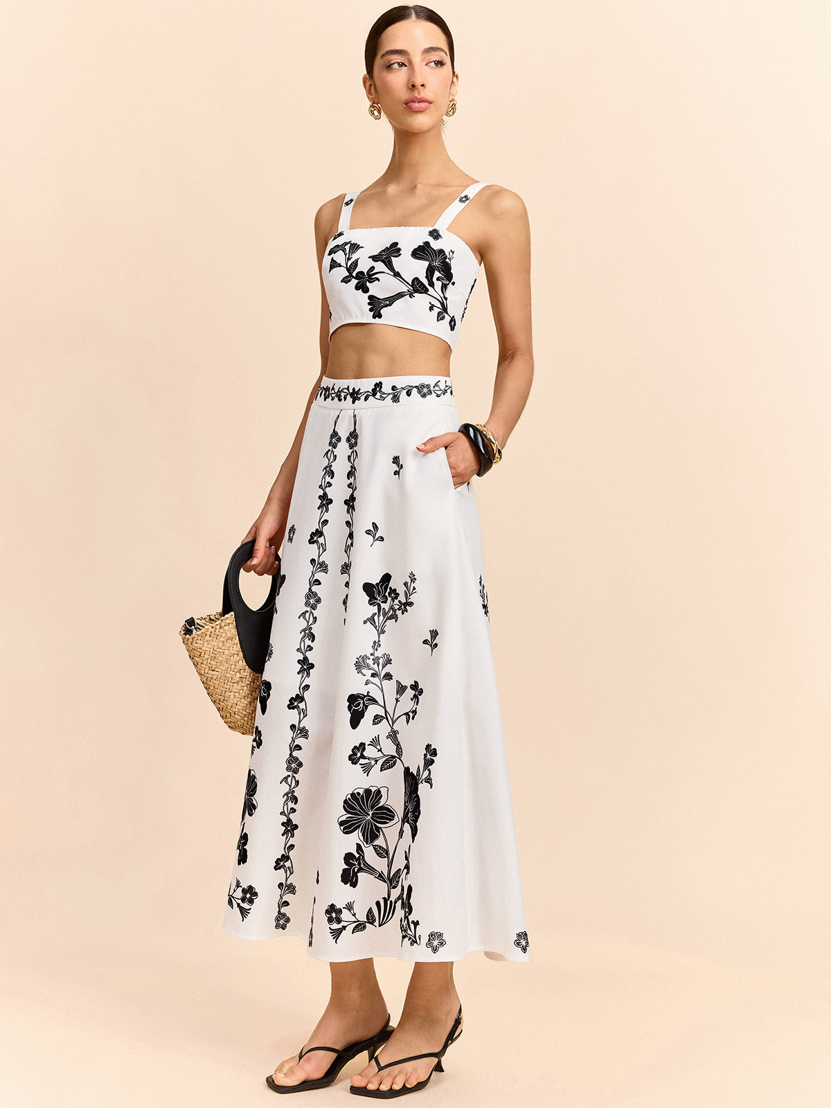 Floral Embroidered Crop Top and Midi Skirt Set for Women Spring Fashion