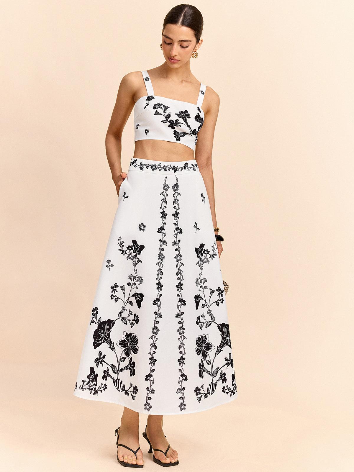 Floral Embroidered Crop Top and Midi Skirt Set for Women Spring Fashion