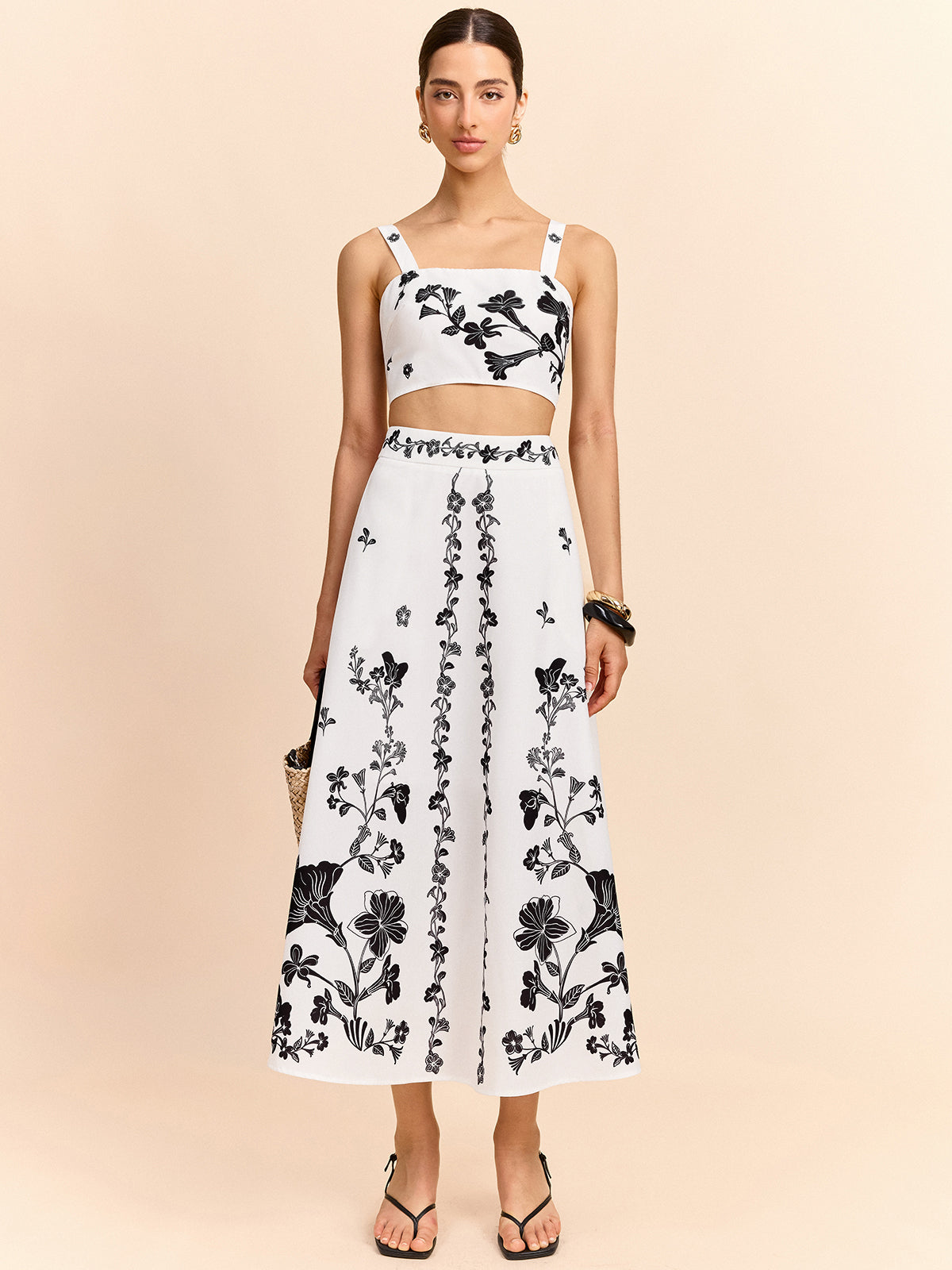 Floral Embroidered Crop Top and Midi Skirt Set for Women Spring Fashion