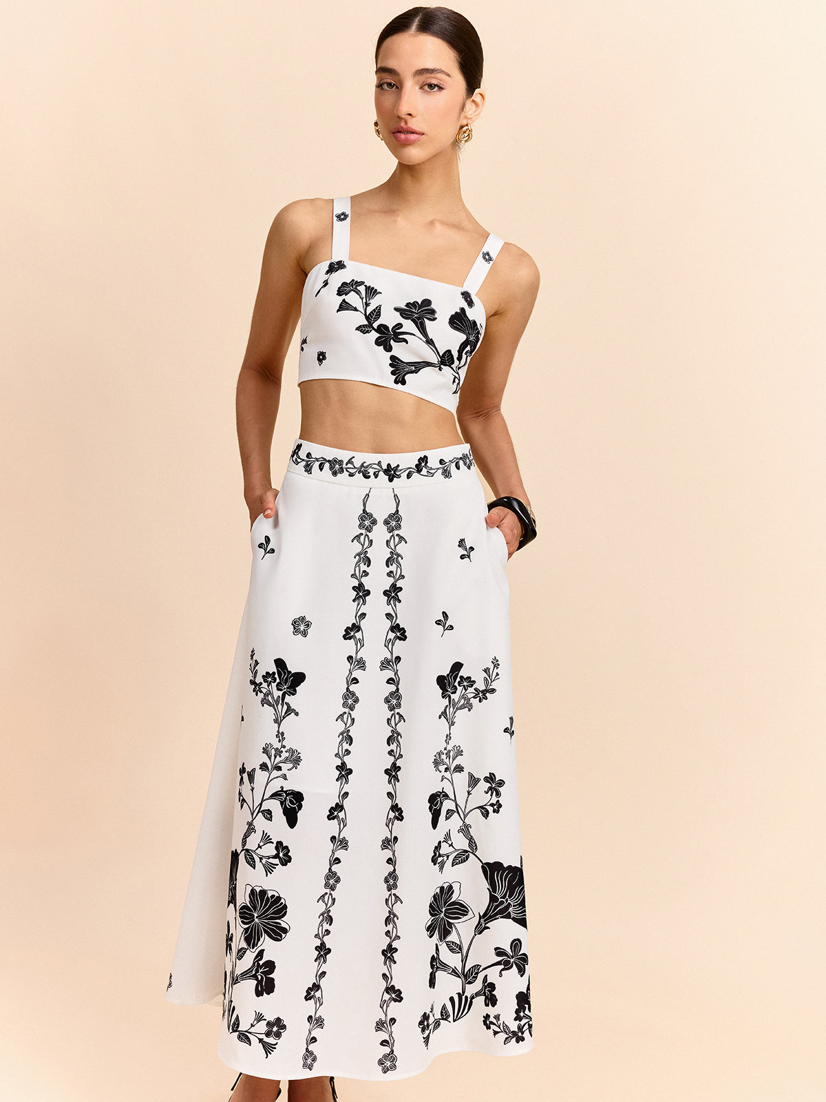Floral Embroidered Crop Top and Midi Skirt Set for Women Spring Fashion