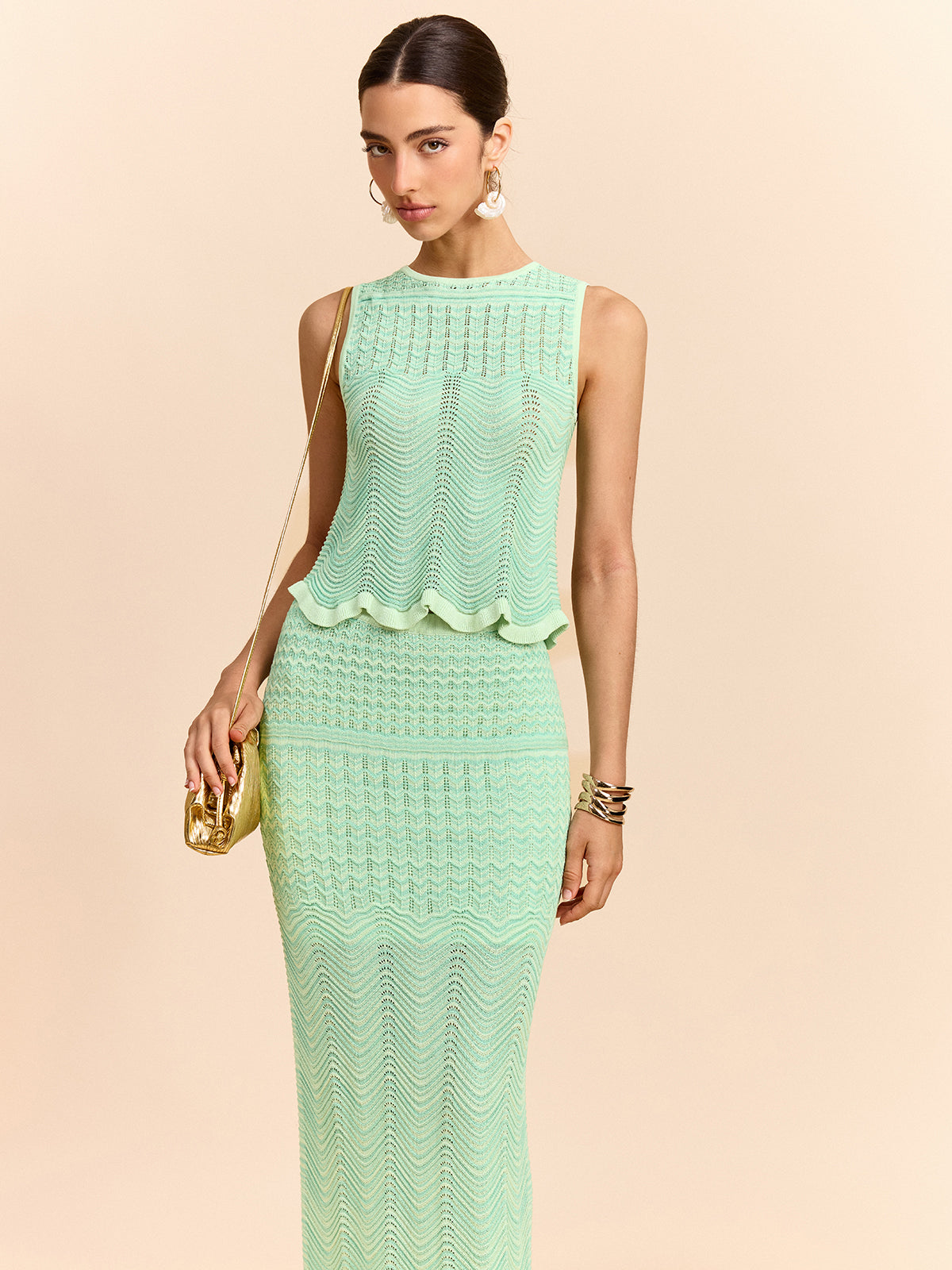 Wave Pattern Sleeveless Knit Top for Summer Casual Wear