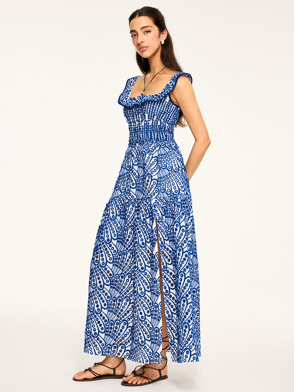 Semi-Sheer Embroidered Maxi Dress with Ruffled Trim and Floral Detailing