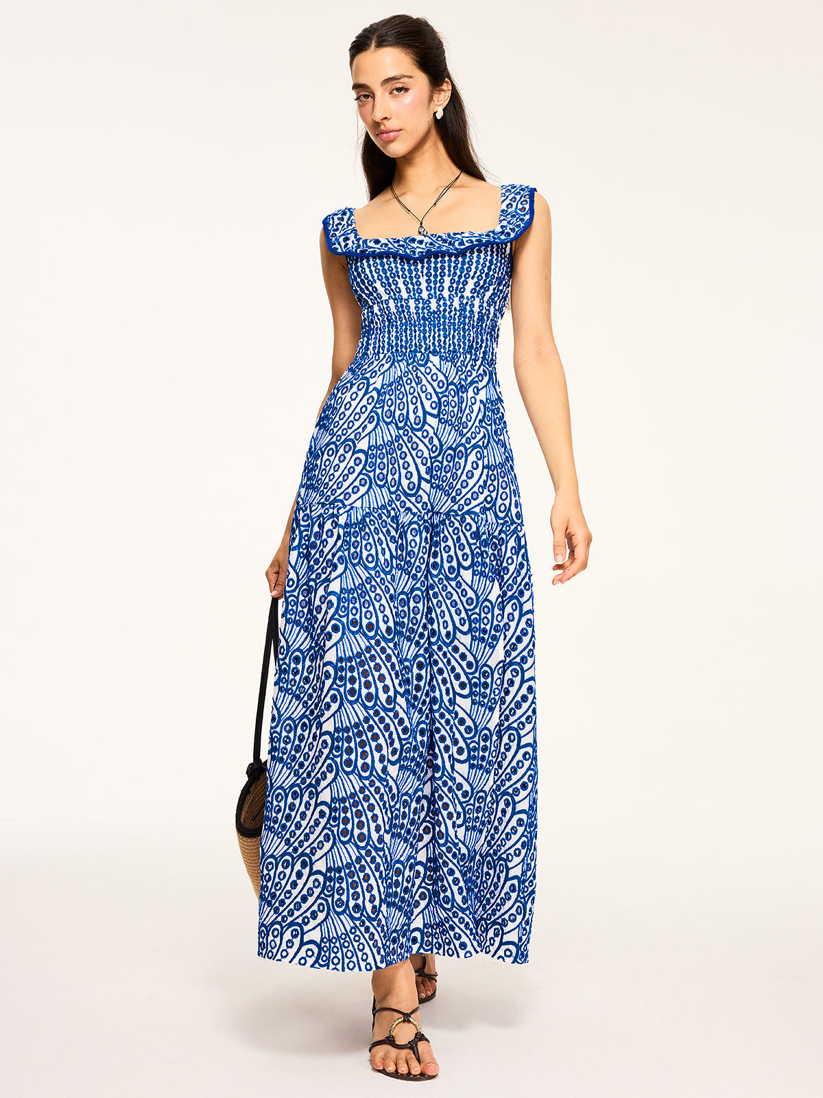 Semi-Sheer Embroidered Maxi Dress with Ruffled Trim and Floral Detailing