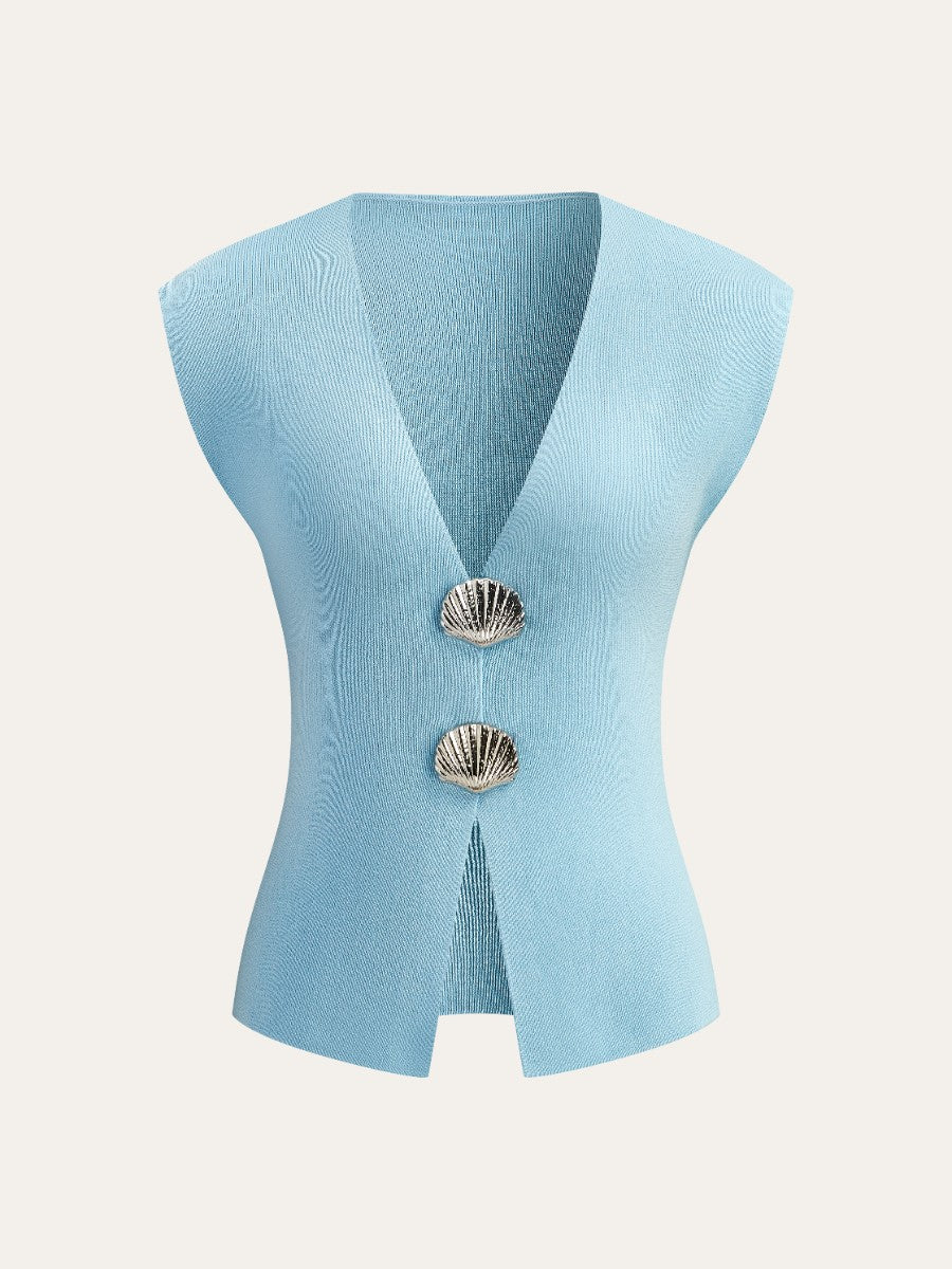 Shell Button Knit Vest with Front Detailing for Women