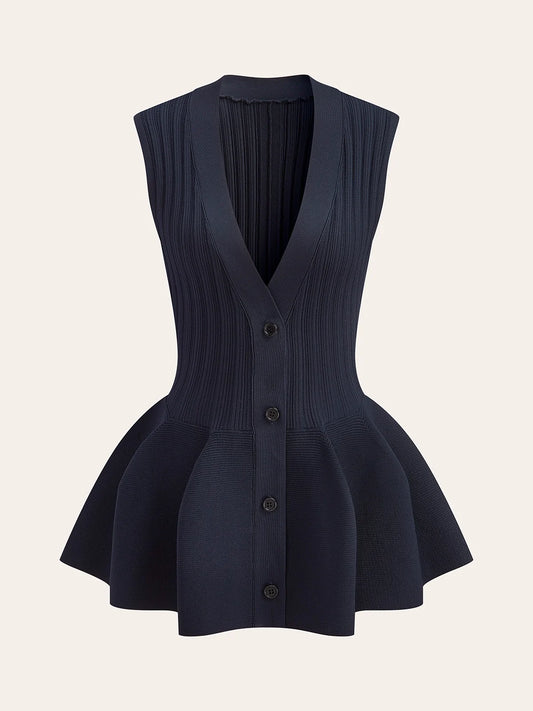Structured Peplum Button-Up Knit Vest for Women Office Casual Wear