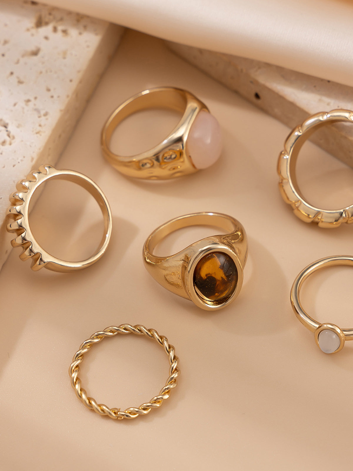 Six-Piece Mixed Stone & Texture Ring Set for Women - Elegant Fashion Accessories