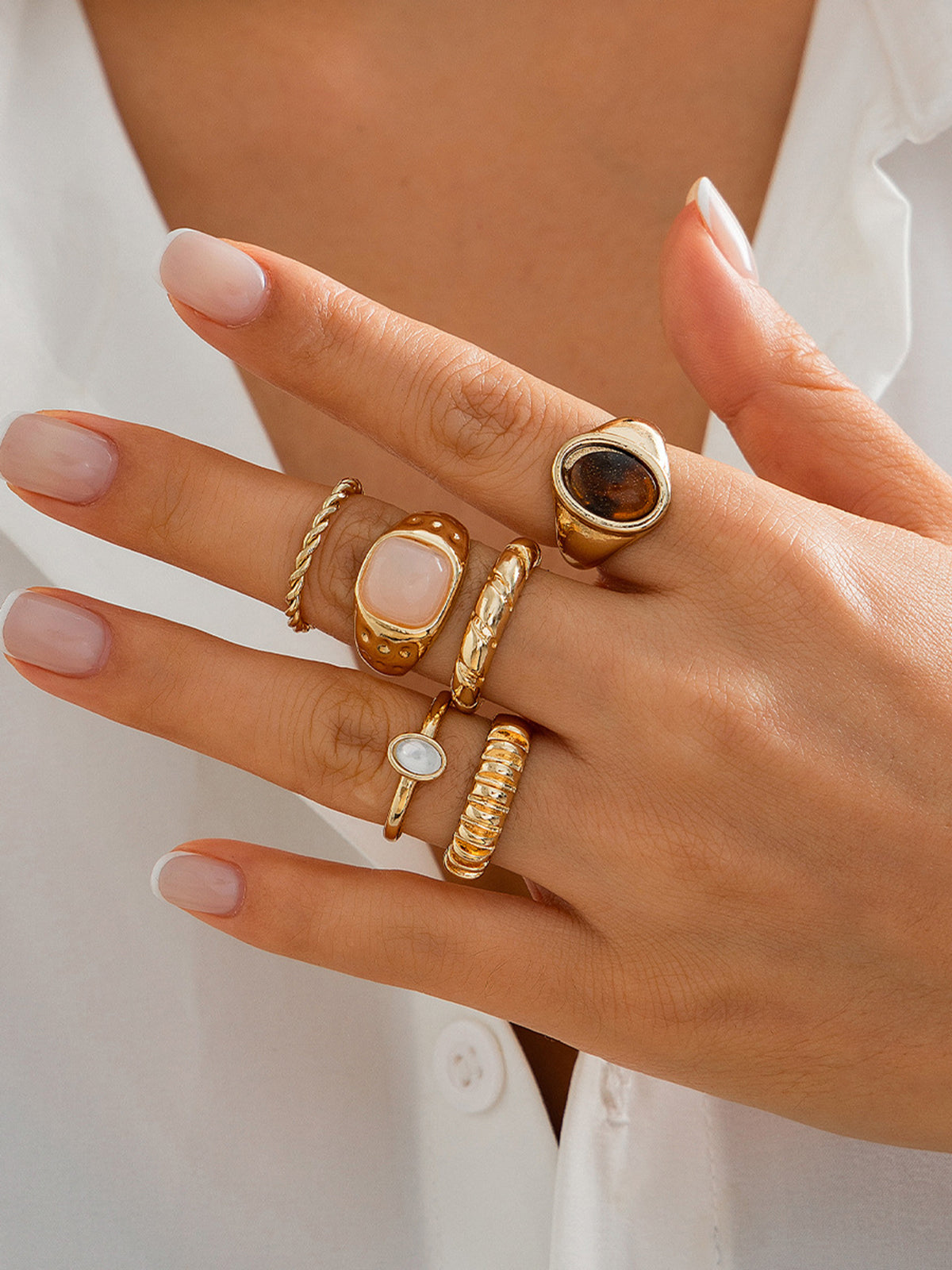 Six-Piece Mixed Stone & Texture Ring Set for Women - Elegant Fashion Accessories