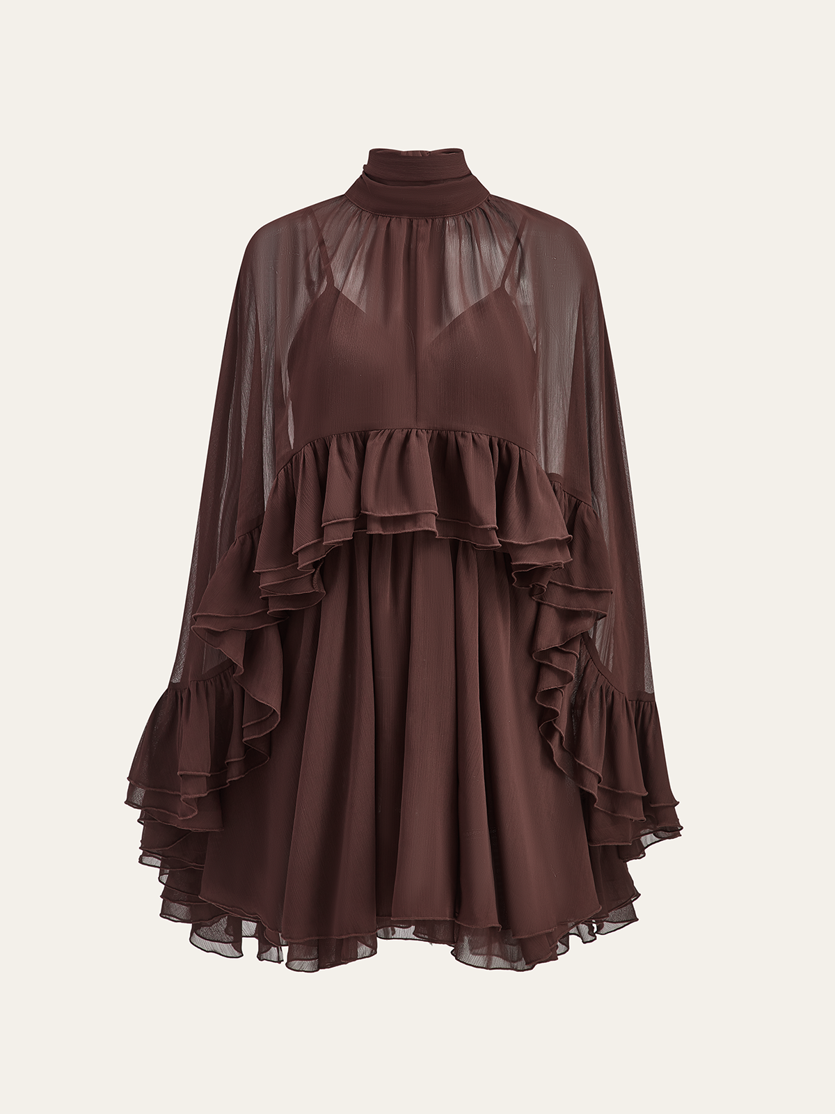 Semi-Sheer Chiffon Ruffle Dress With Flowing Outer Cape Elegant Layers