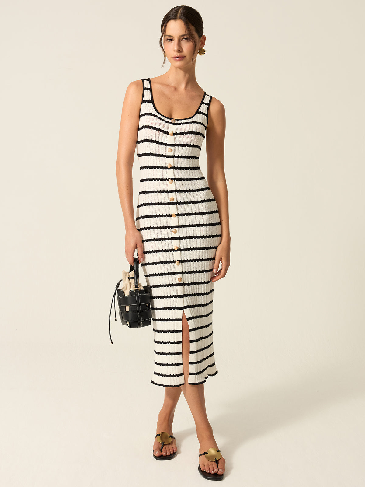 Striped Knit Midi Dress with Front Buttons, Slit Detail, and Comfortable Fit