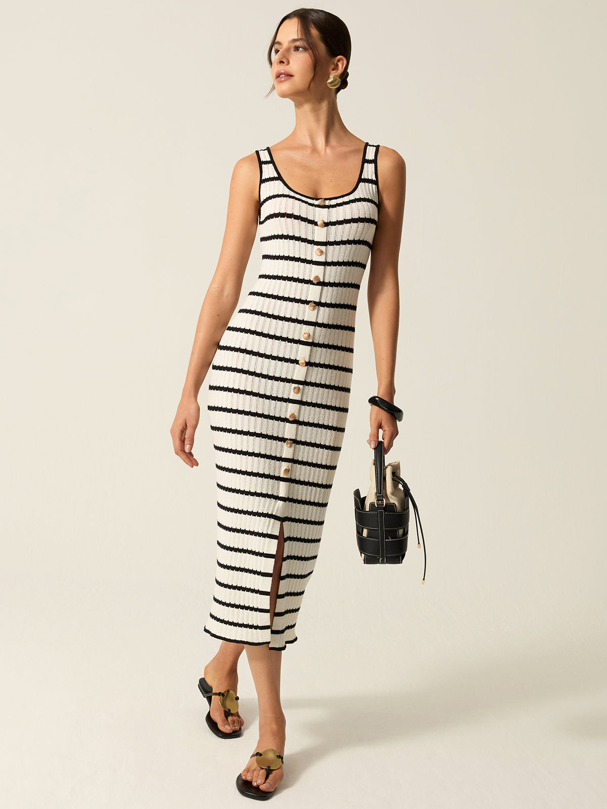 Striped Knit Midi Dress with Front Buttons, Slit Detail, and Comfortable Fit