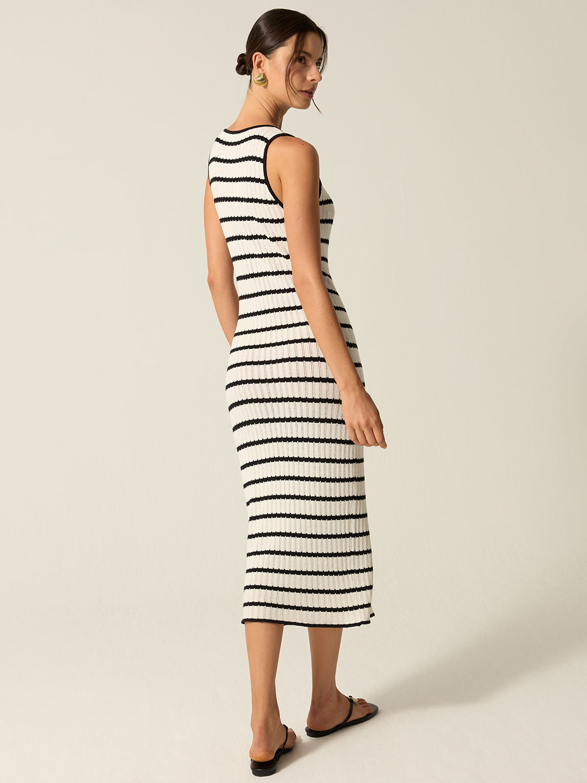 Striped Knit Midi Dress with Front Buttons, Slit Detail, and Comfortable Fit