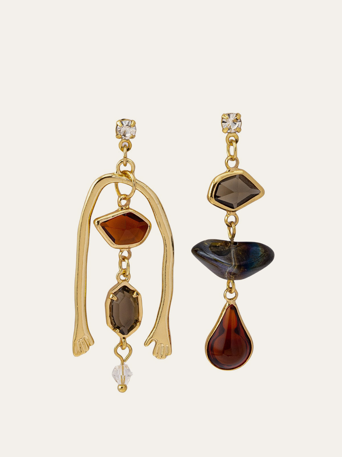 Asymmetrical Gemstone Drop Earrings With Hand Detail, Unique Artisan Crafted Jewelry