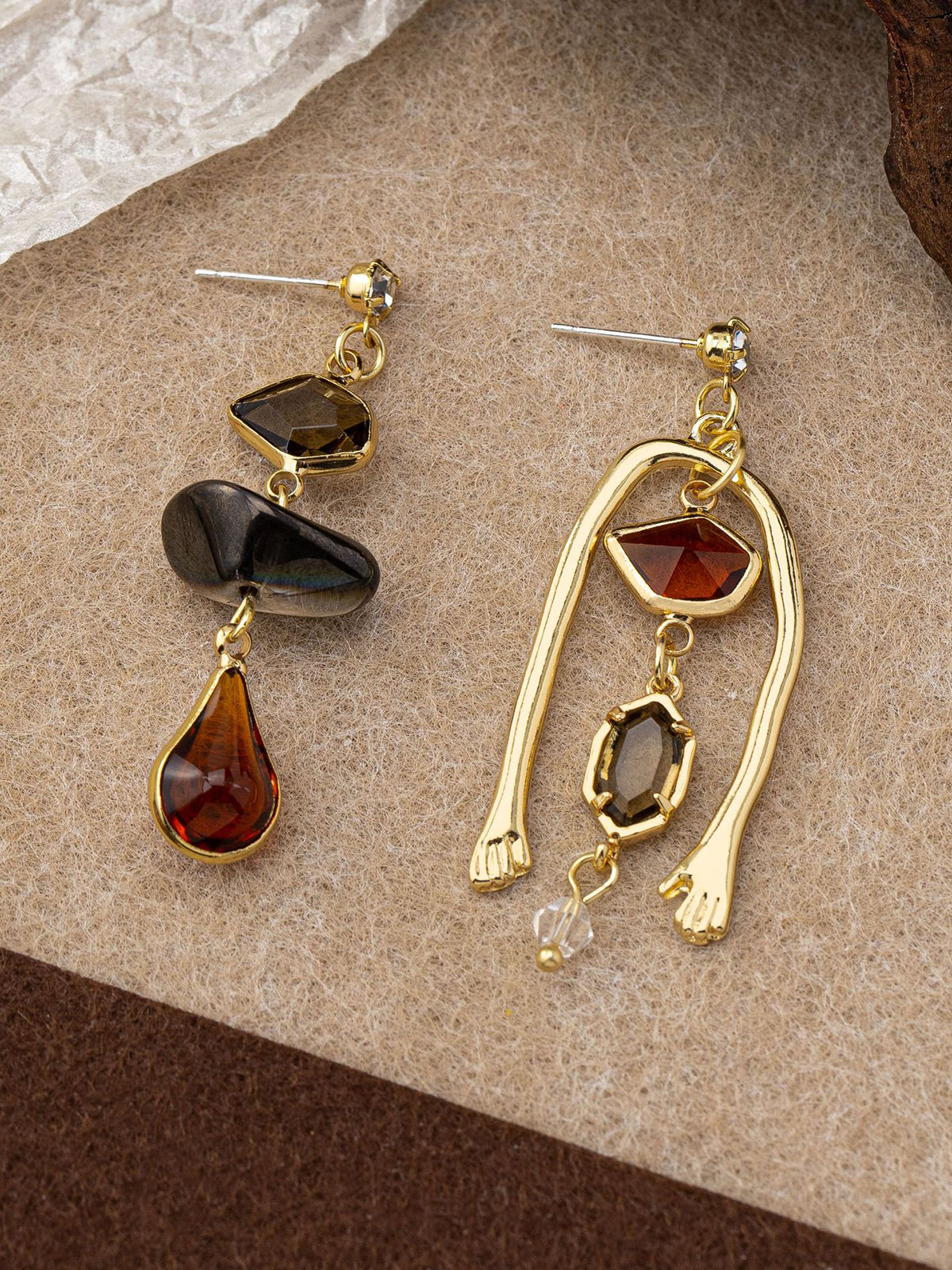 Asymmetrical Gemstone Drop Earrings With Hand Detail, Unique Artisan Crafted Jewelry