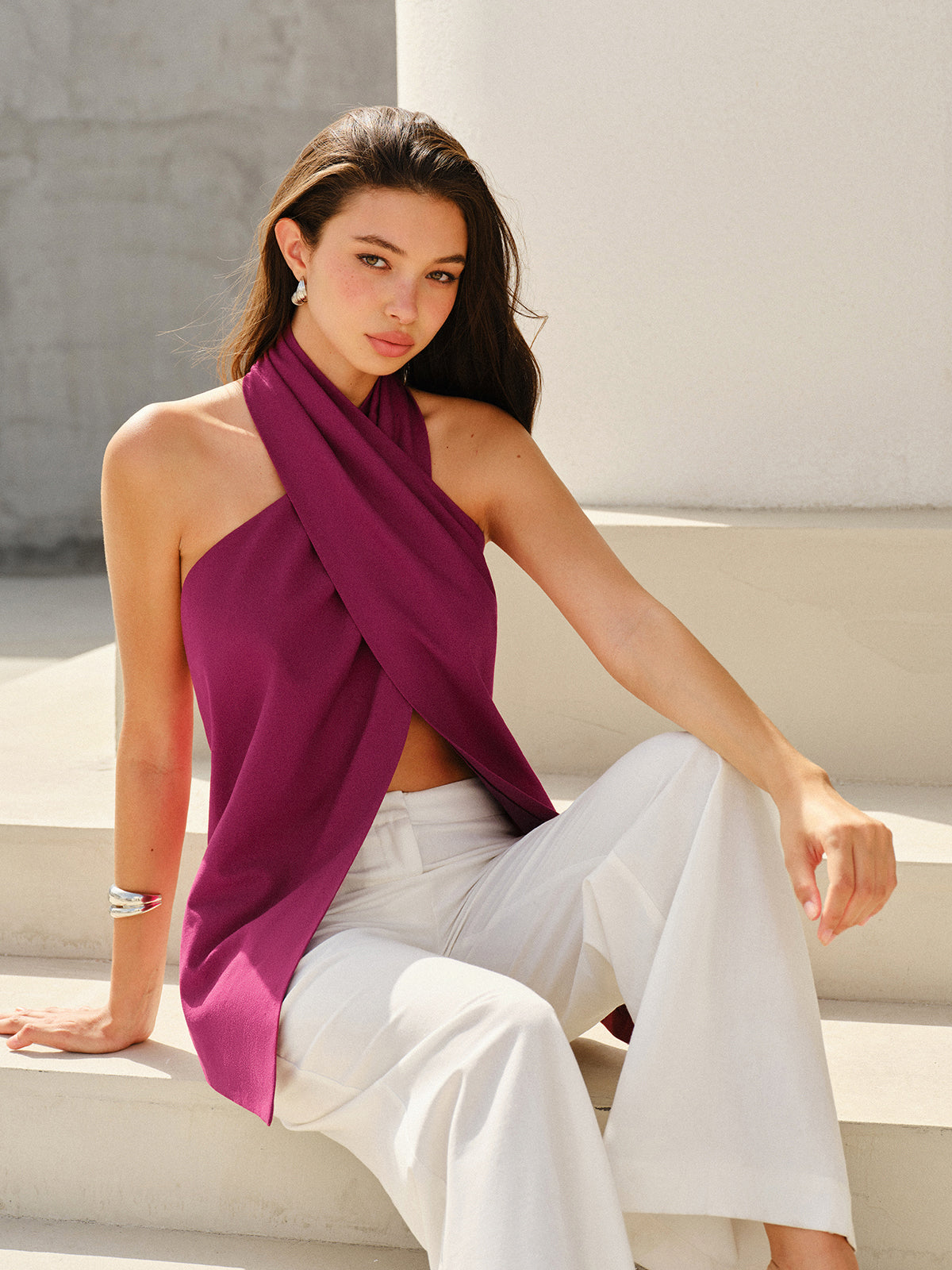 Halter-Style Cross-Neckline Backless Top with Adjustable Straps for Women