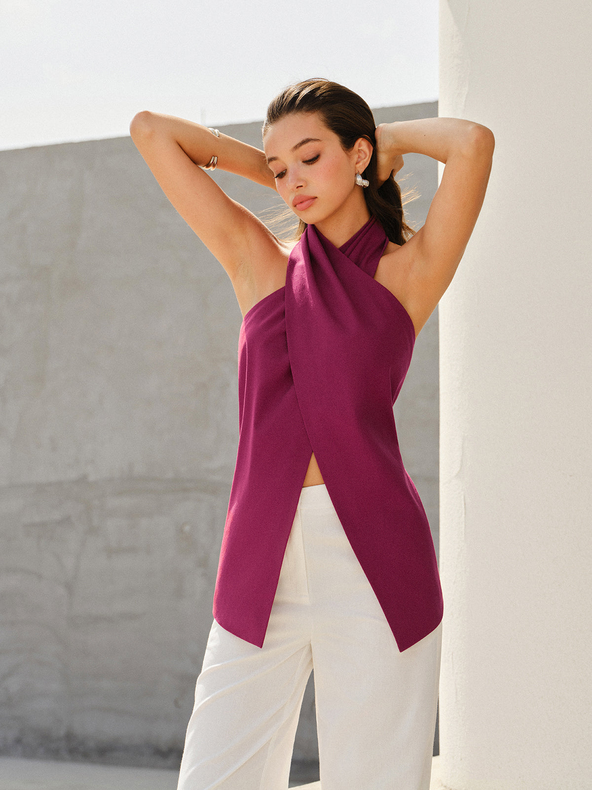 Halter-Style Cross-Neckline Backless Top with Adjustable Straps for Women