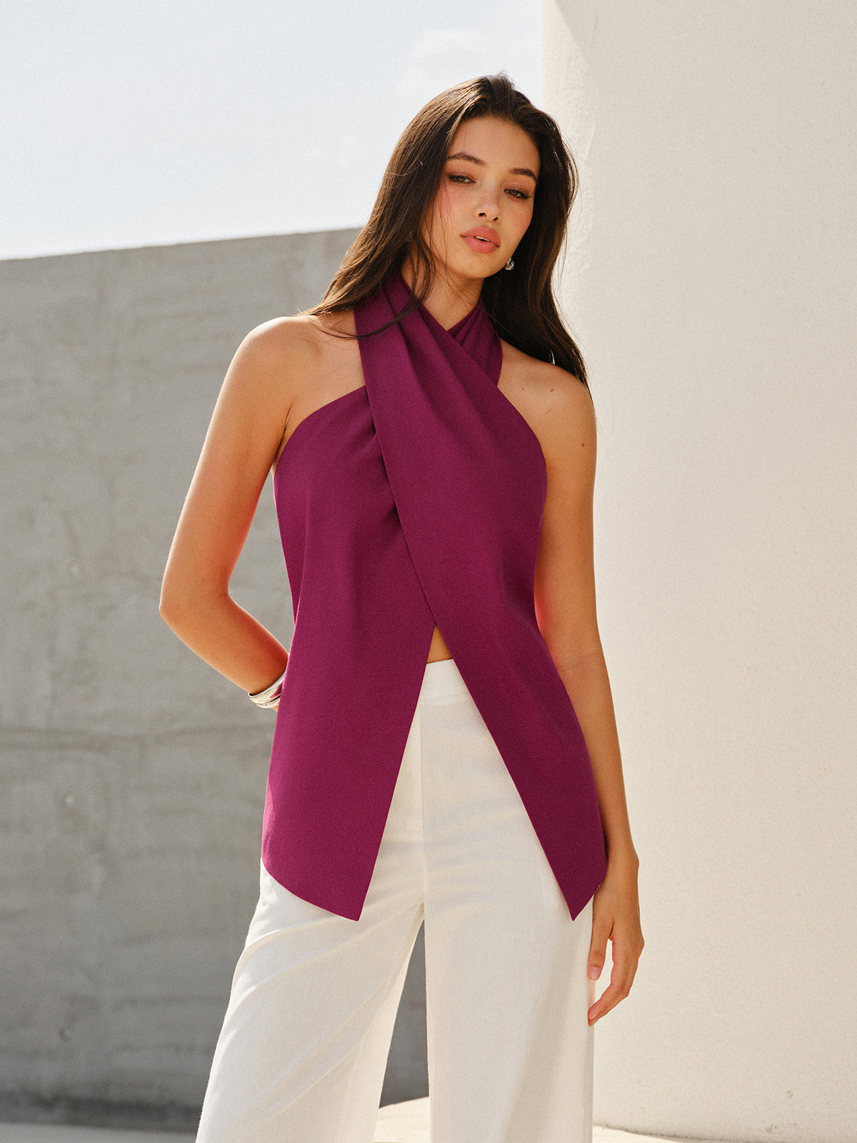 Halter-Style Cross-Neckline Backless Top with Adjustable Straps for Women