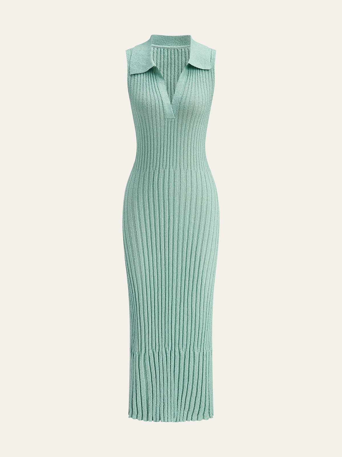 Ribbed Textured Knit Midi Dress with Polo Collar and Long Sleeves for Women