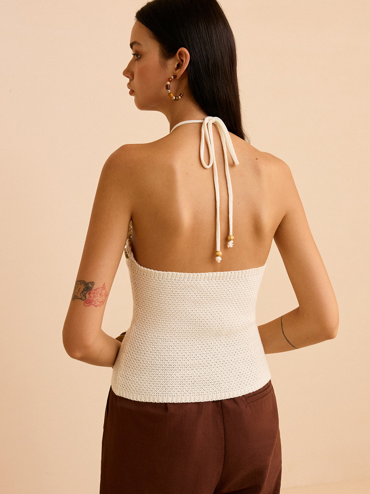 Crochet Halter Top with Floral Trim and Scalloped Edges