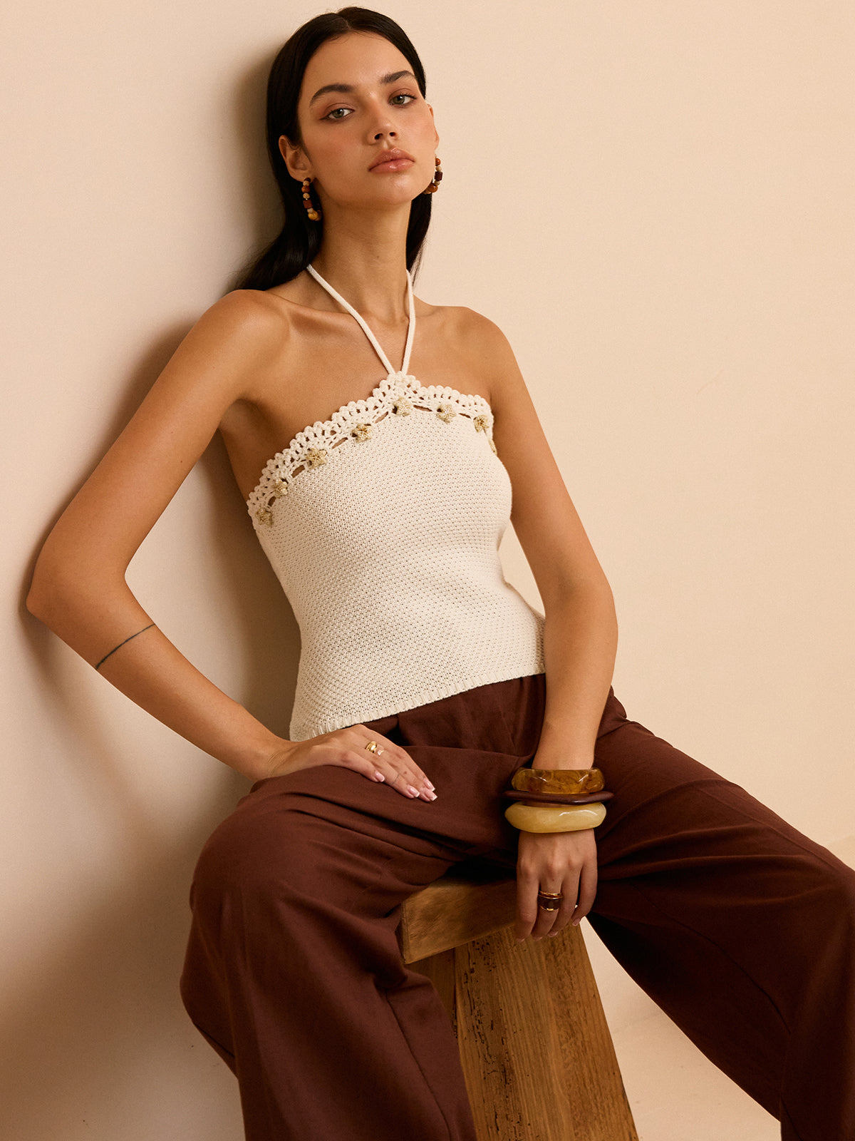 Crochet Halter Top with Floral Trim and Scalloped Edges