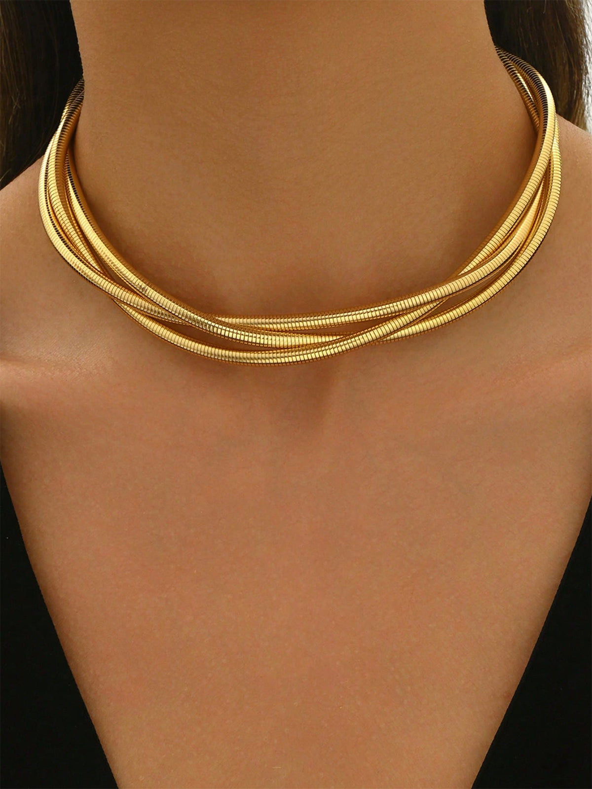 Triple-Layered Gold-Tone Choker Necklace Adjustable Chain Length for Women