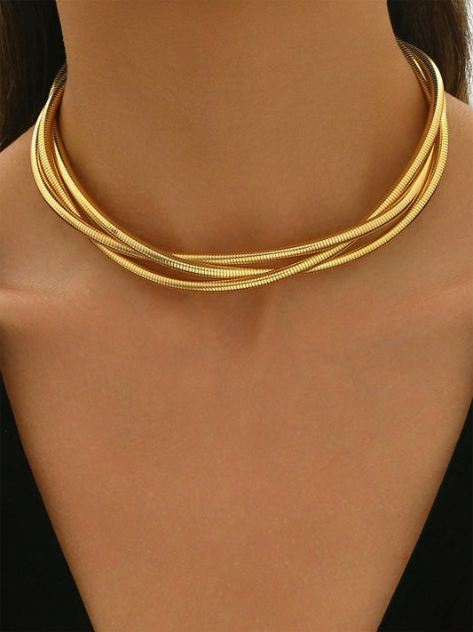 Triple-Layered Gold-Tone Choker Necklace Adjustable Chain Length for Women