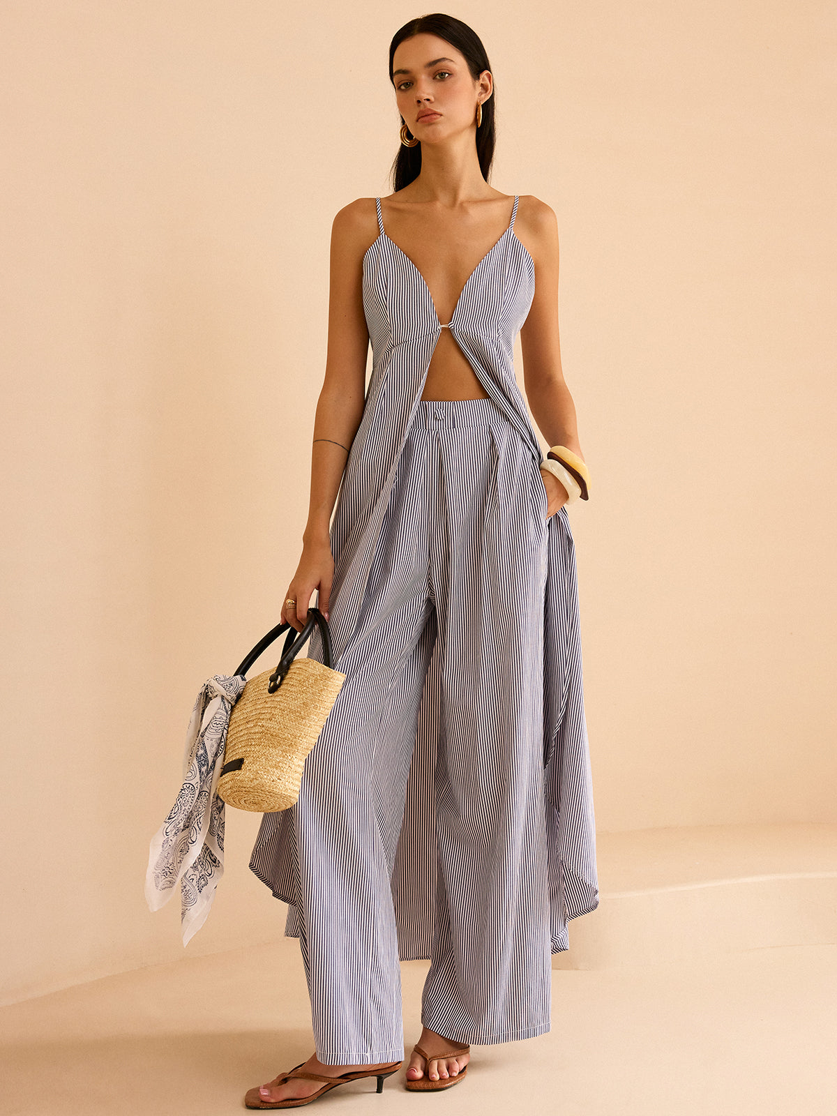 Striped Long Cami Top and Wide-Leg Pants Set with Adjustable Straps