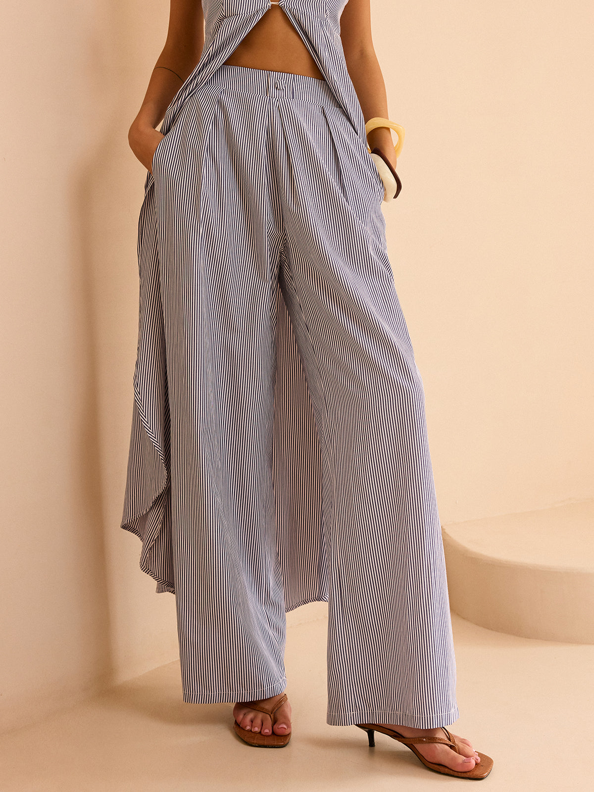 Striped Long Cami Top and Wide-Leg Pants Set with Adjustable Straps