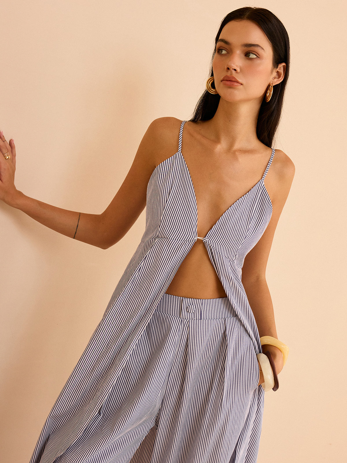 Striped Long Cami Top and Wide-Leg Pants Set with Adjustable Straps