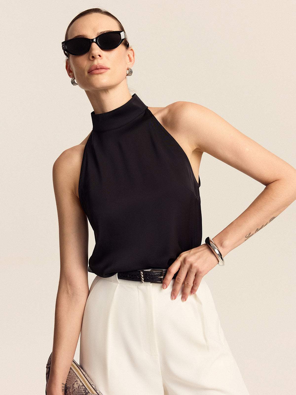 Satin Halter Top with Adjustable Tie Closure