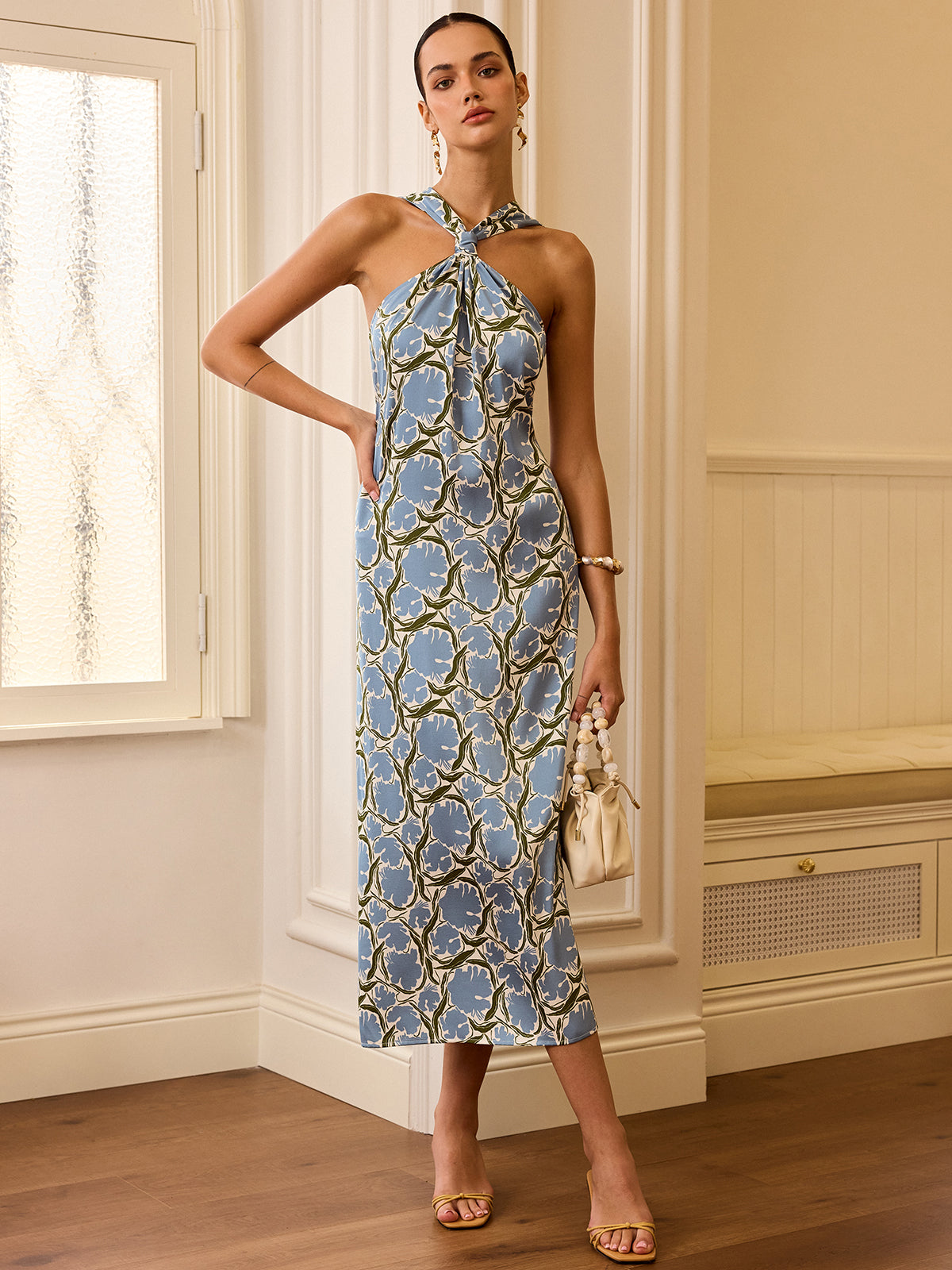 Halter Neck Floral Print Midi Dress for Summer Weddings