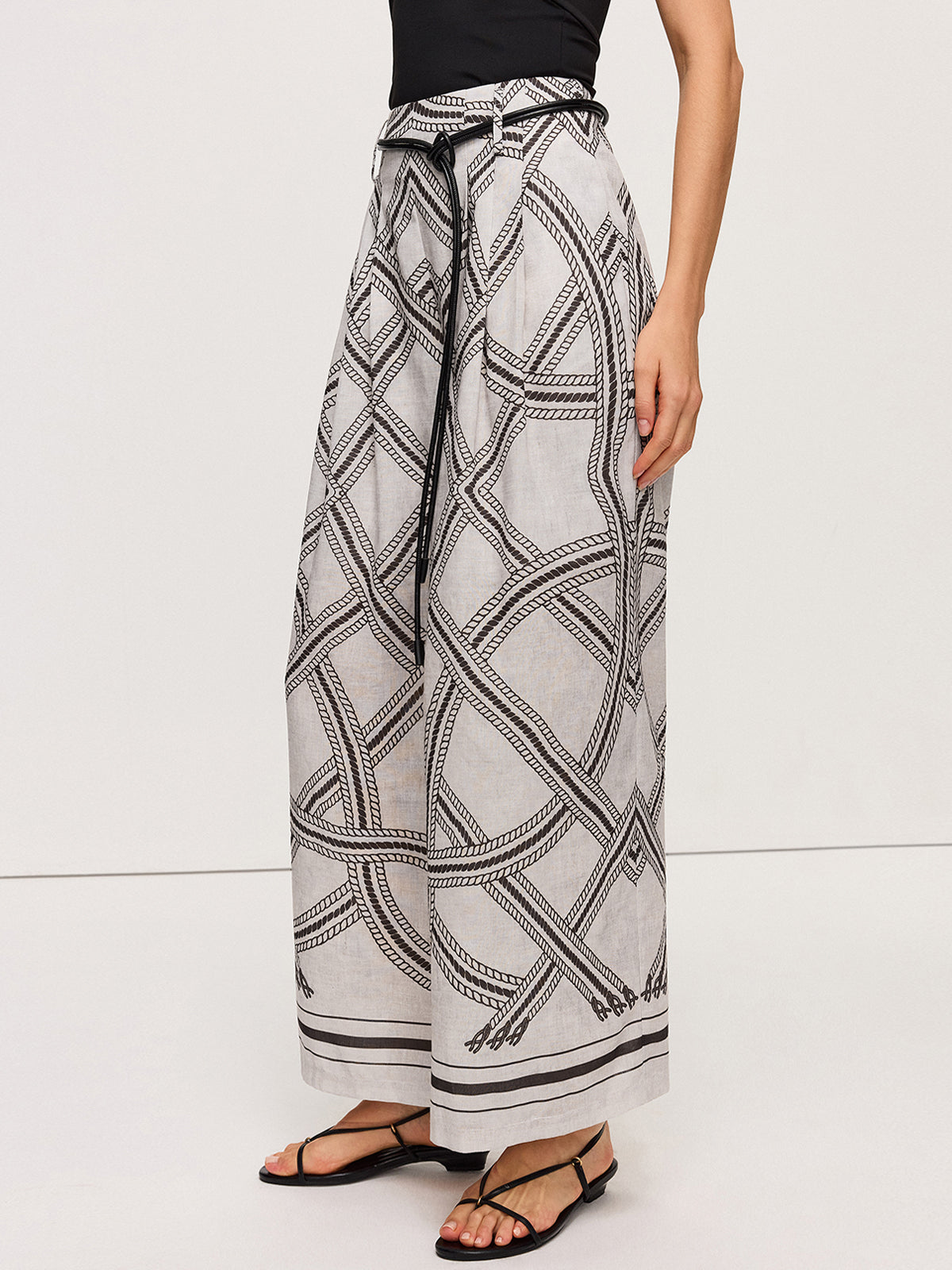 Geometric Print Belted Wide-Leg Pants for Women, Casual High-Waisted Trousers