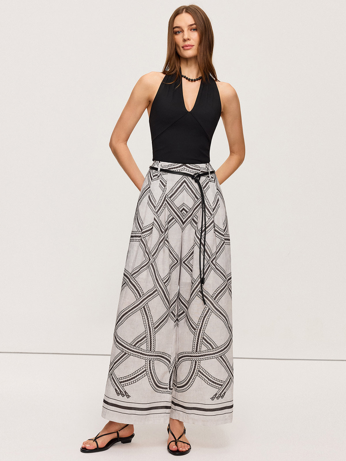 Geometric Print Belted Wide-Leg Pants for Women, Casual High-Waisted Trousers