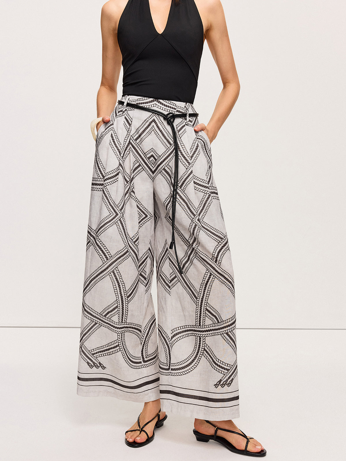 Geometric Print Belted Wide-Leg Pants for Women, Casual High-Waisted Trousers