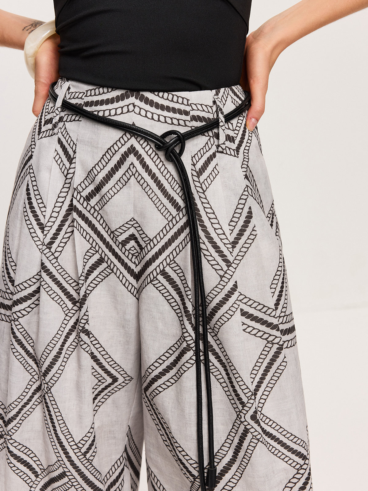 Geometric Print Belted Wide-Leg Pants for Women, Casual High-Waisted Trousers