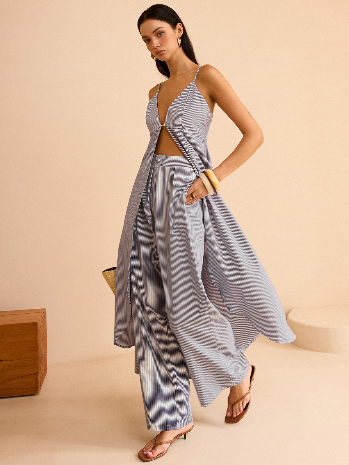 Striped Long Cami Top and Wide-Leg Pants Set with Adjustable Straps