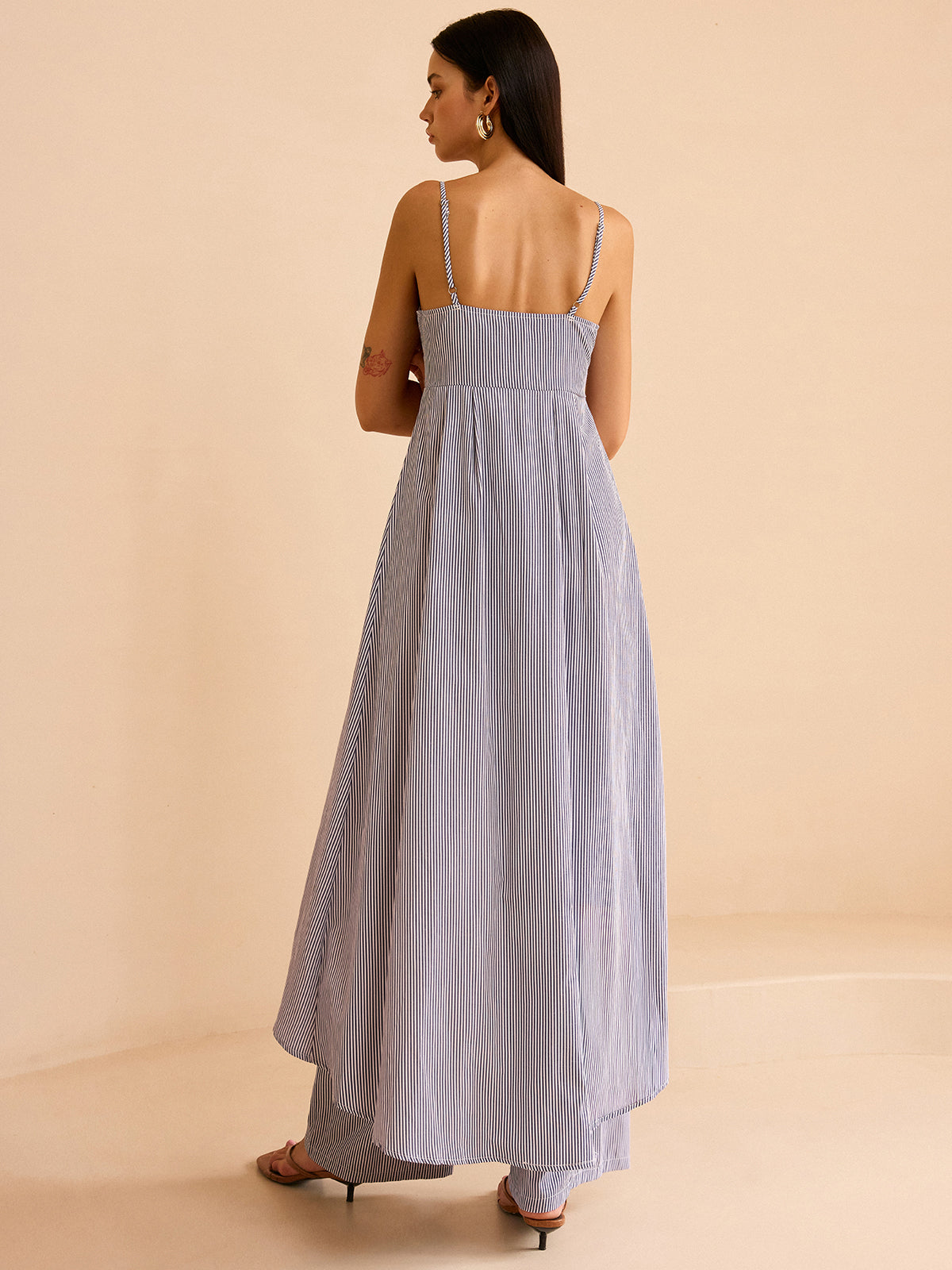Striped Long Cami Top and Wide-Leg Pants Set with Adjustable Straps