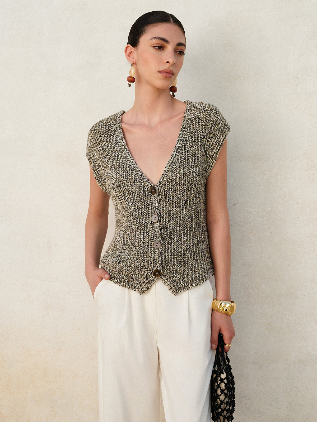Knit Button-Down Vest with Side Pockets for Women