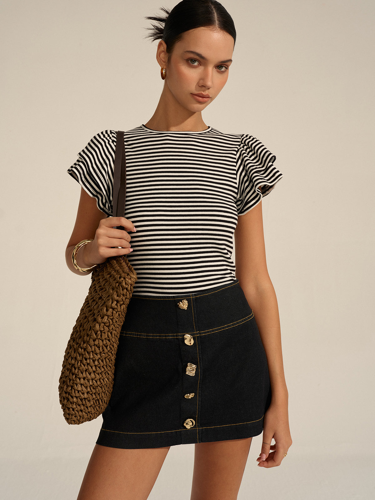 Striped Ribbed Top Women's Long Sleeve Fitted