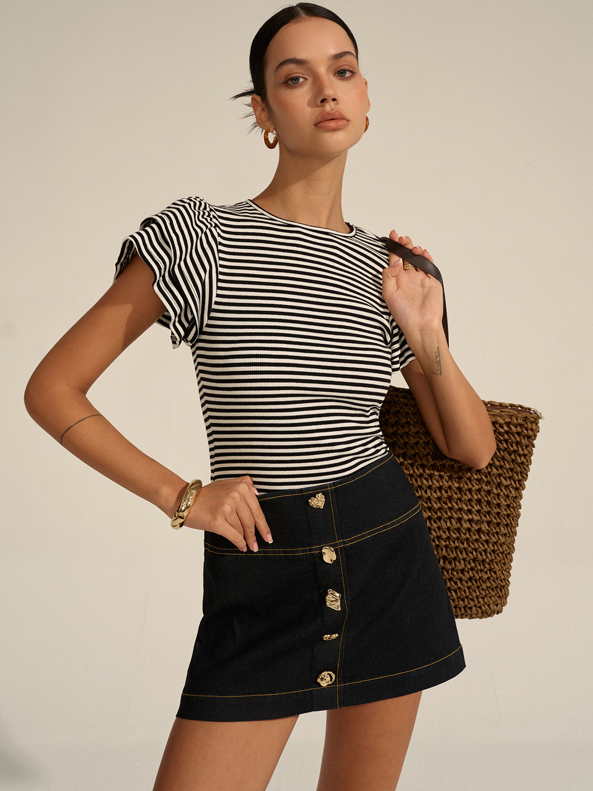 Striped Ribbed Top Women's Long Sleeve Fitted